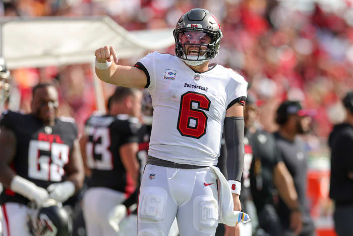 Oct 22, 2023; Tampa, Florida, USA; Tampa Bay Buccaneers quarterback Baker Mayfield (6) reacts after a run against the Atlanta Falcon in the fourth quarter at Raymond James Stadium. Mandatory Credit: Nathan Ray Seebeck-USA TODAY Sports